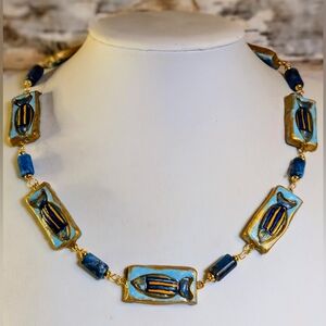 Santorini Inspired Handpainted Blue Fish Tiles & Apatite In Artisan Necklace